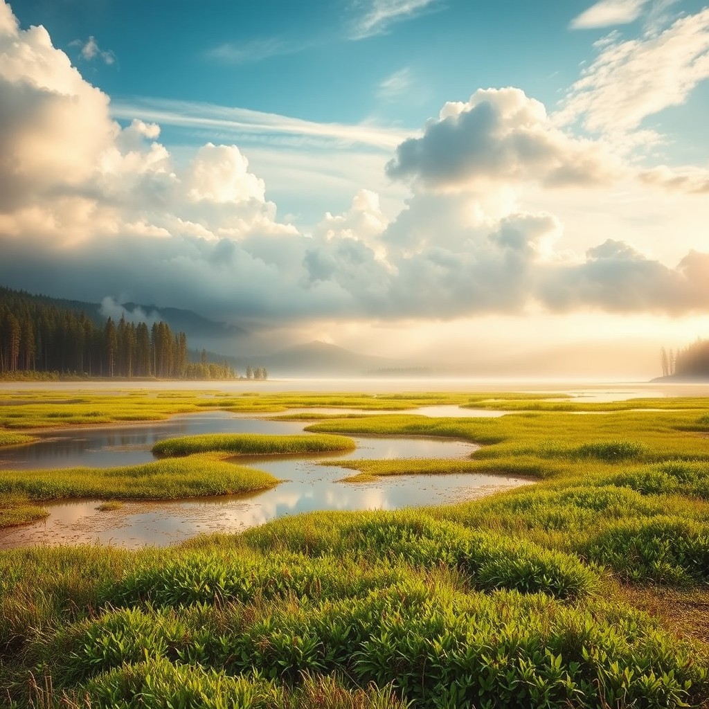 A picturesque scene of a marshy landscape with lush, vibrant greenery, set against the stunning backdrop of the Siberian taiga