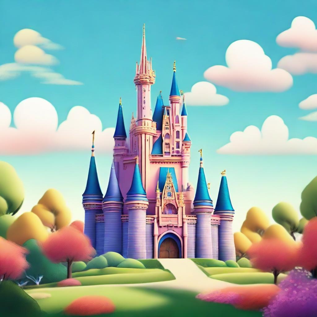 The famous Disney castle rendered in a charming, colorful animation style, without its usual surroundings of land or lake.