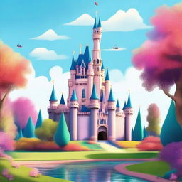 The famous Disney castle rendered in a charming, colorful animation style, without its usual surroundings of land or lake.