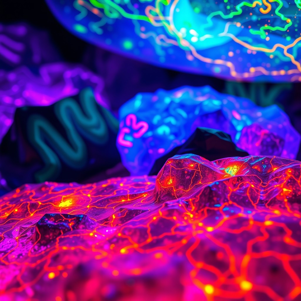 A vibrant and richly detailed scene depicting ultraviolet (UV) light interactions with various materials