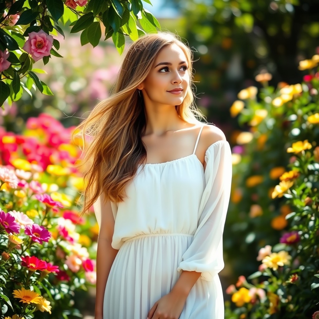 A portrait of a woman standing in a serene garden filled with vibrant flowers
