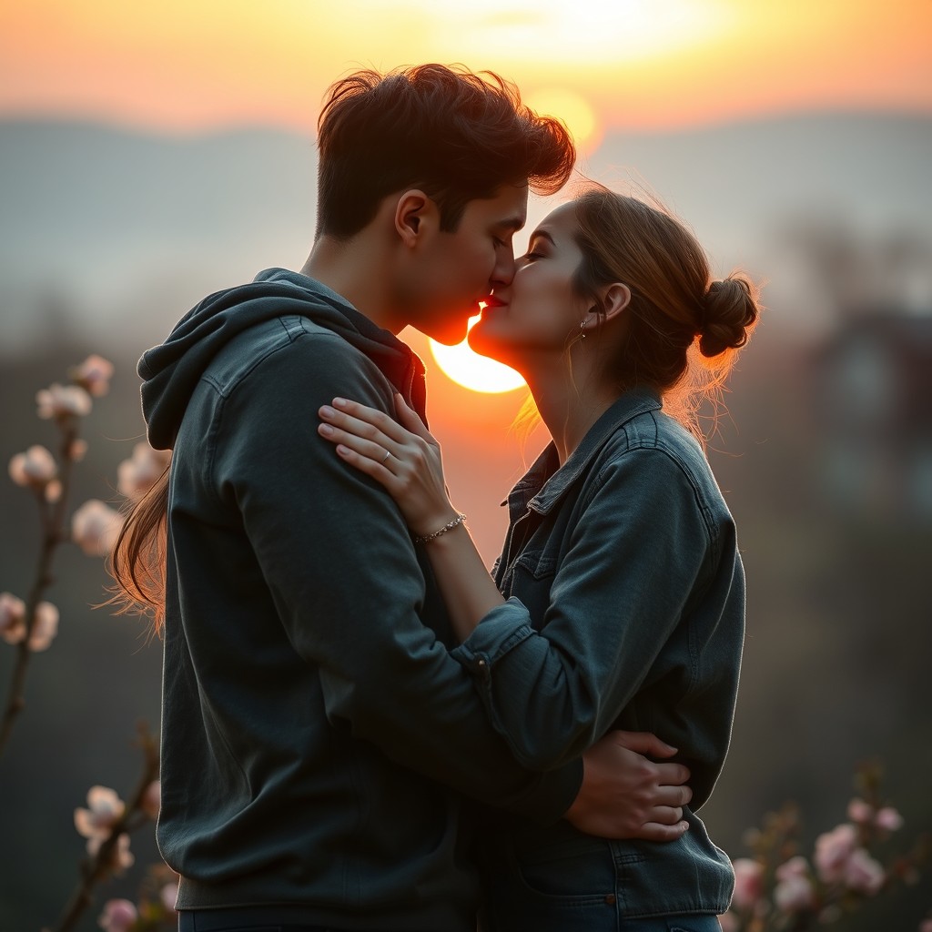 A young couple sharing an intimate slow kiss, surrounded by a beautiful romantic setting