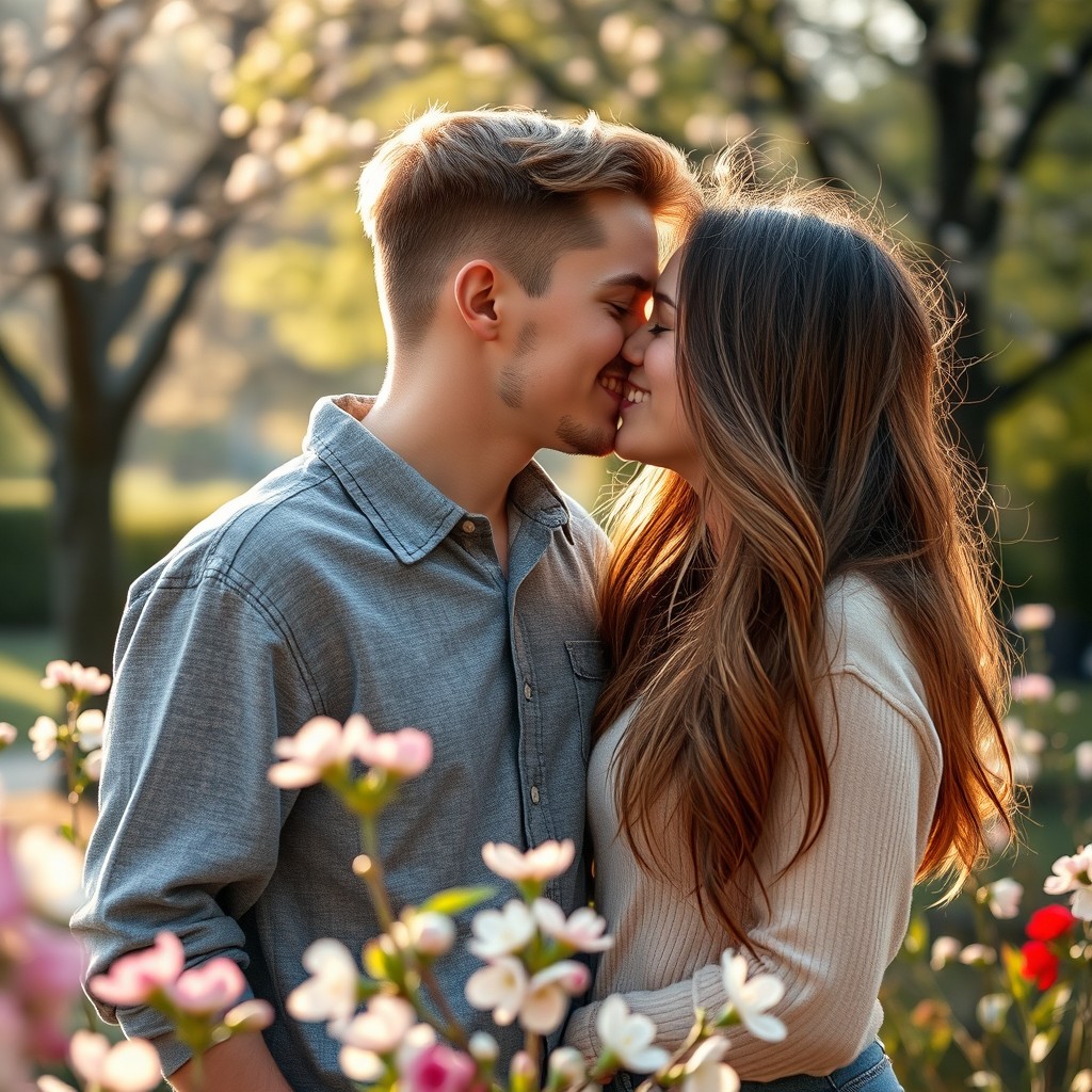 A teenage couple sharing a soft, slow kiss, capturing the essence of young love