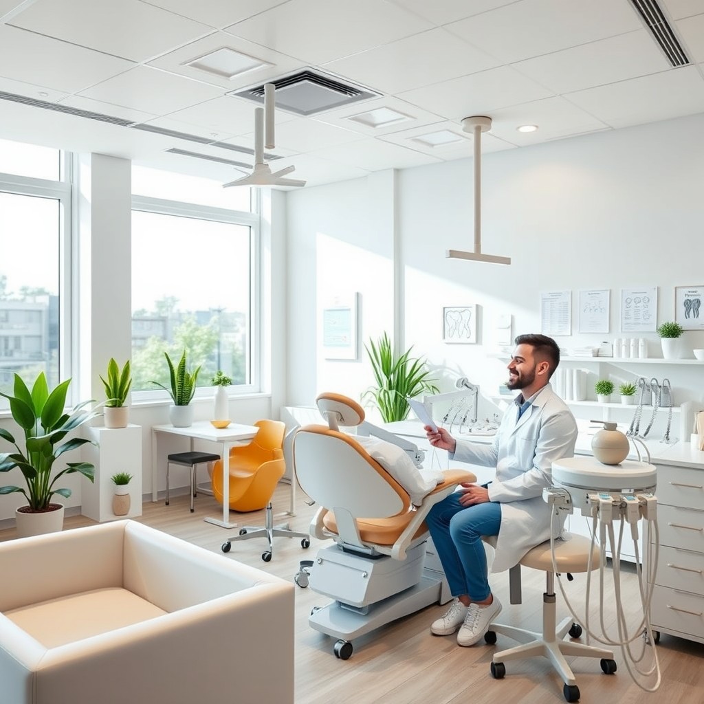 A modern dental clinic interior, featuring bright, clean white walls and contemporary dental equipment