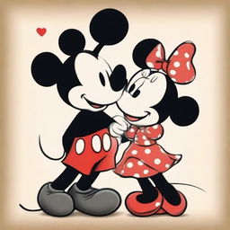 An affectionate scene depicting the love story of Mickey Mouse and Minnie, showcased in a charming animation style.