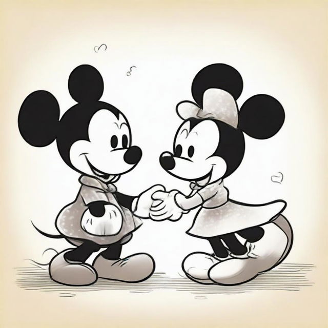 An affectionate scene depicting the love story of Mickey Mouse and Minnie, showcased in a charming animation style.