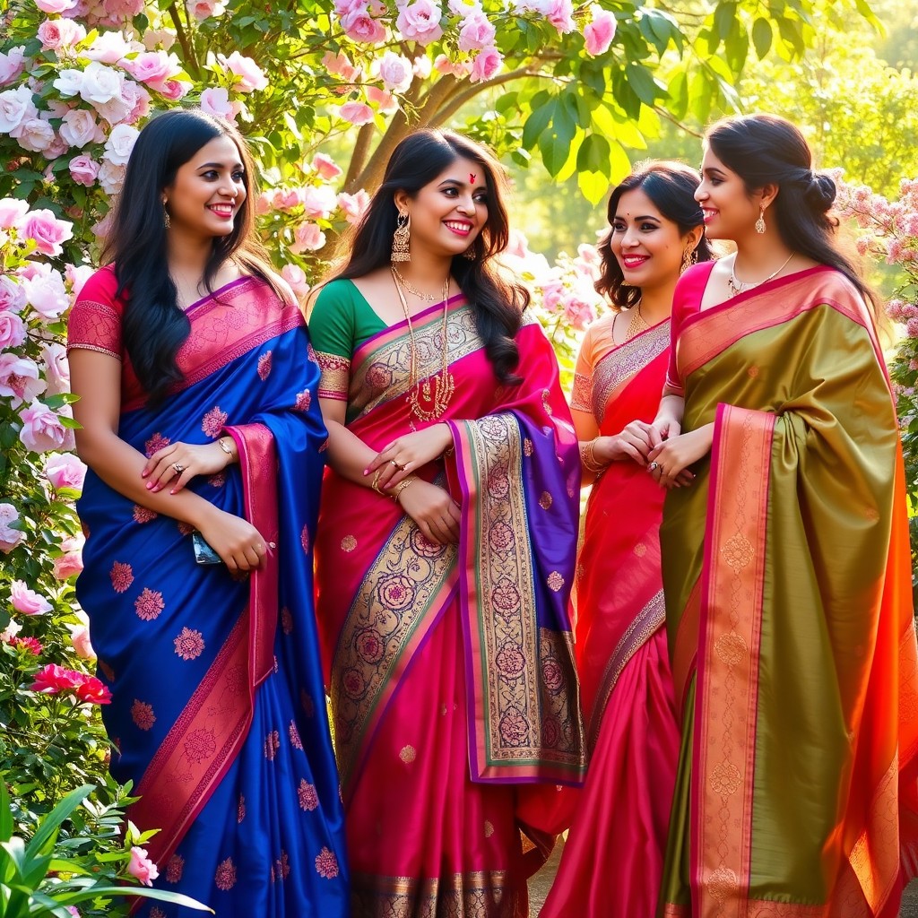 A group of beautiful women elegantly wearing colorful sarees, showcasing various traditional styles and patterns