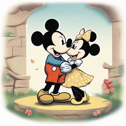 An affectionate scene depicting the love story of Mickey Mouse and Minnie, showcased in a charming animation style.