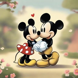 An affectionate scene depicting the love story of Mickey Mouse and Minnie, showcased in a charming animation style.