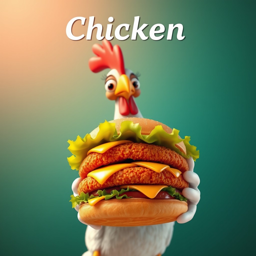 A cinematic advertising poster featuring a stylized, expressive chicken character, animated with vibrant personality, holding a delicious, larger-than-life chicken burger out towards the viewer