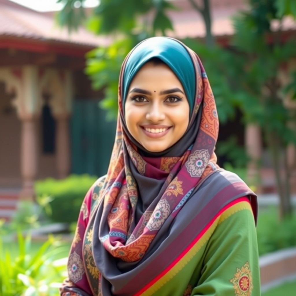 A beautiful Indian woman wearing a colorful hijab, radiating confidence and grace