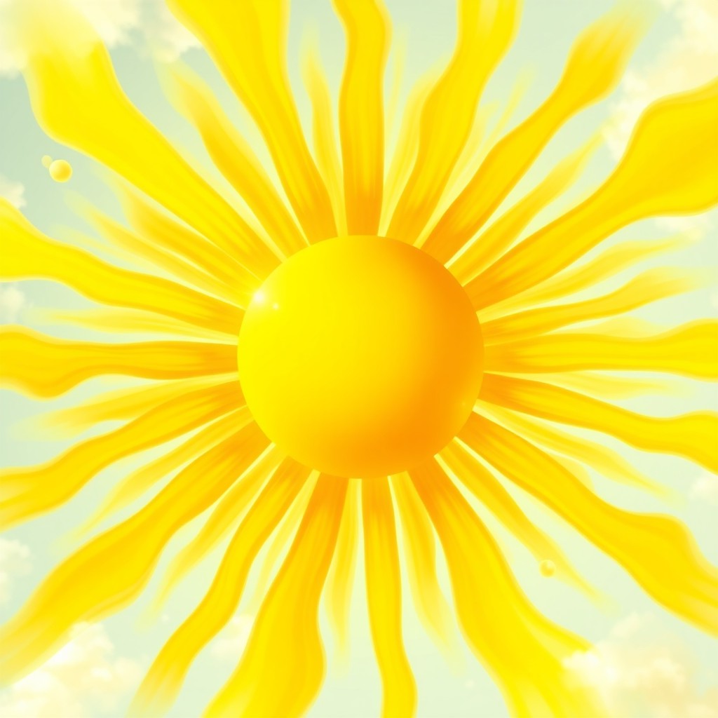 A vibrant, abstract representation of the color yellow, incorporating various shades from pale lemon to deep mustard, surrounded by a radiant sun with beams spreading in all directions, with soft, fluffy clouds and light swirling patterns to create a sense of warmth and positivity