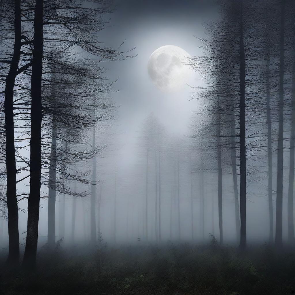 Generate an image of a mysterious forest at midnight with a full moon peeking through the misty fog.