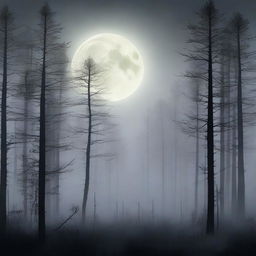 Generate an image of a mysterious forest at midnight with a full moon peeking through the misty fog.