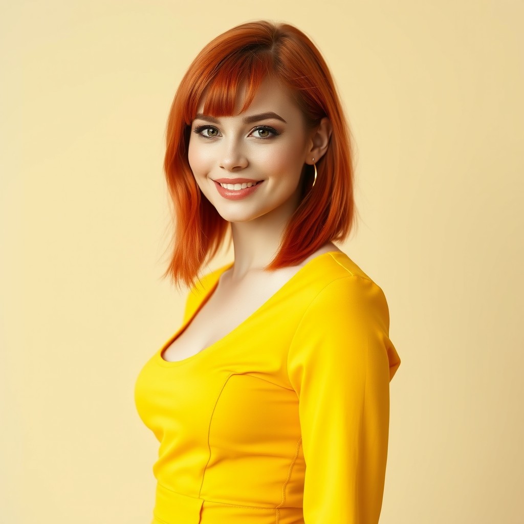 A stunning redhead wearing a fashionable yellow-bar outfit, showcasing a blend of contemporary style with vibrant color contrasts