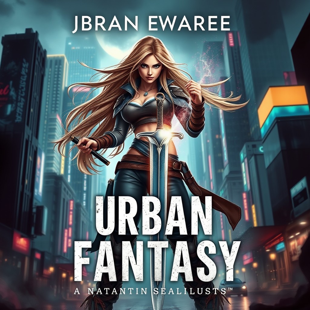 A striking urban fantasy book cover featuring a strong heroine with a sword, set against a dynamic cityscape backdrop