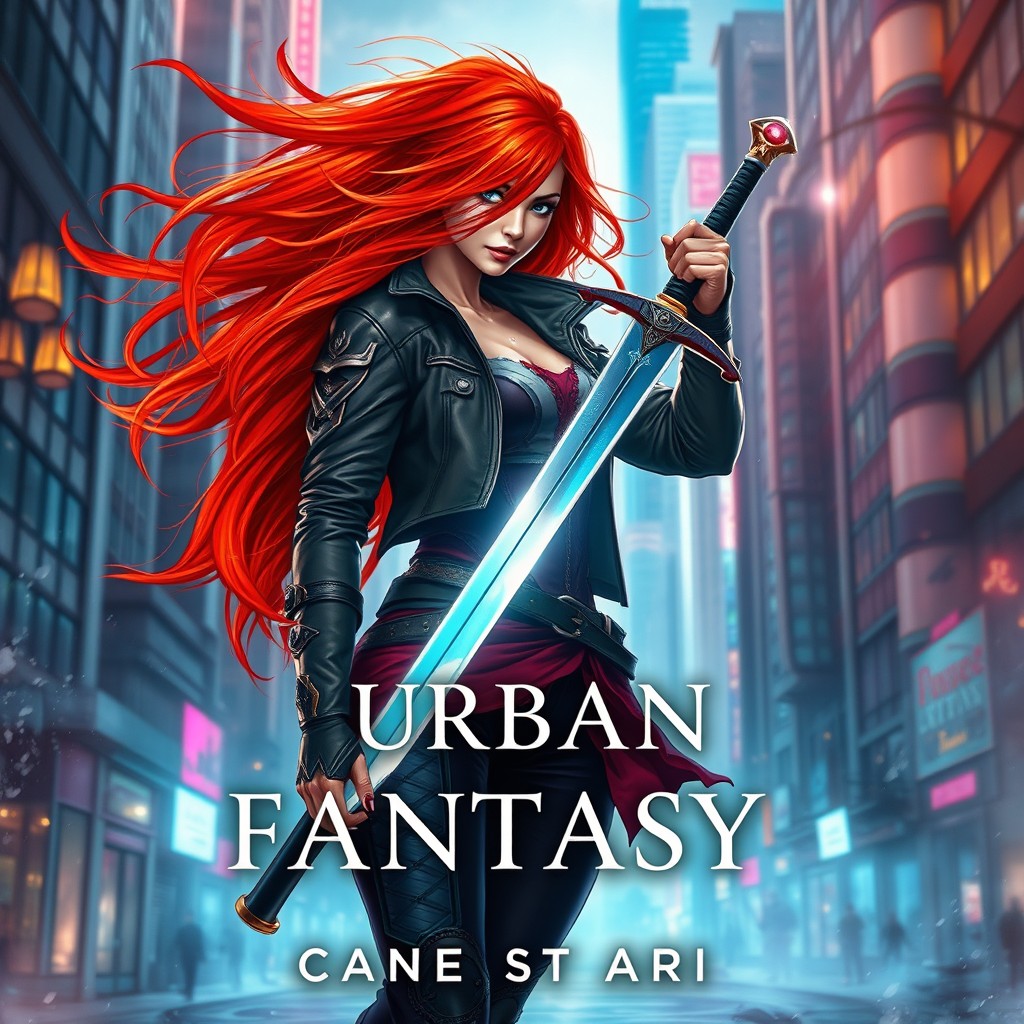 A captivating urban fantasy book cover featuring a strong red-headed heroine wielding a sword