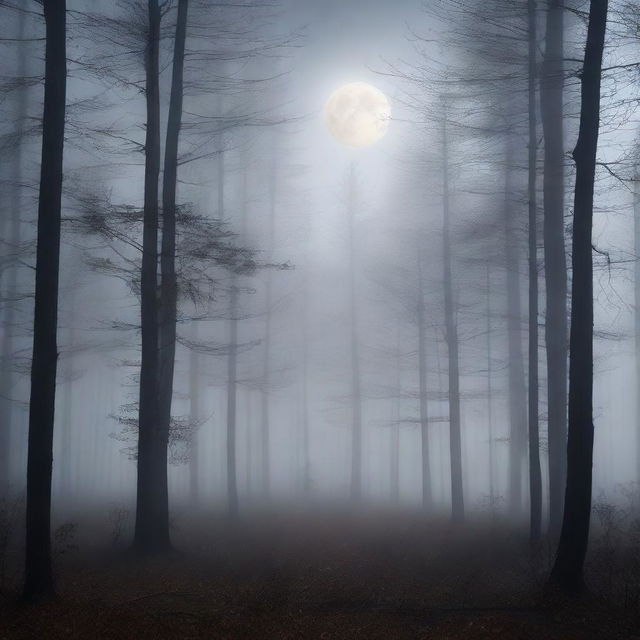 Generate an image of a mysterious forest at midnight with a full moon peeking through the misty fog.