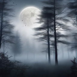 Generate an image of a mysterious forest at midnight with a full moon peeking through the misty fog.