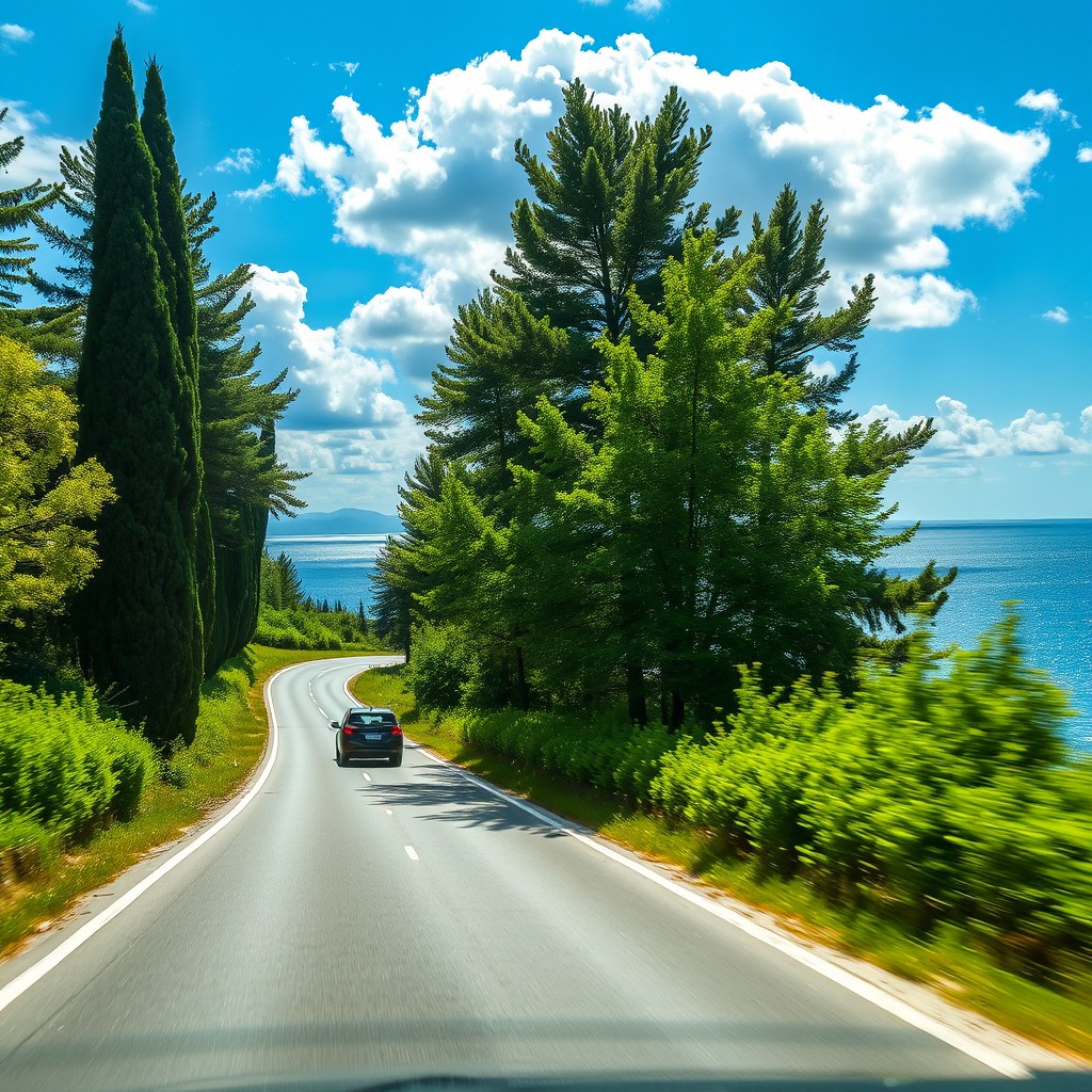 A vehicle traveling along an asphalt road on the southern coast of Sochi, surrounded by lush greenery including tall cypress trees and vibrant green bushes