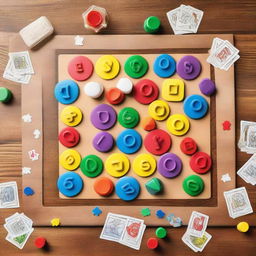 Generate an image of a colorful, engaging family board game with different pieces and tokens, placed on a wood table ready for play.