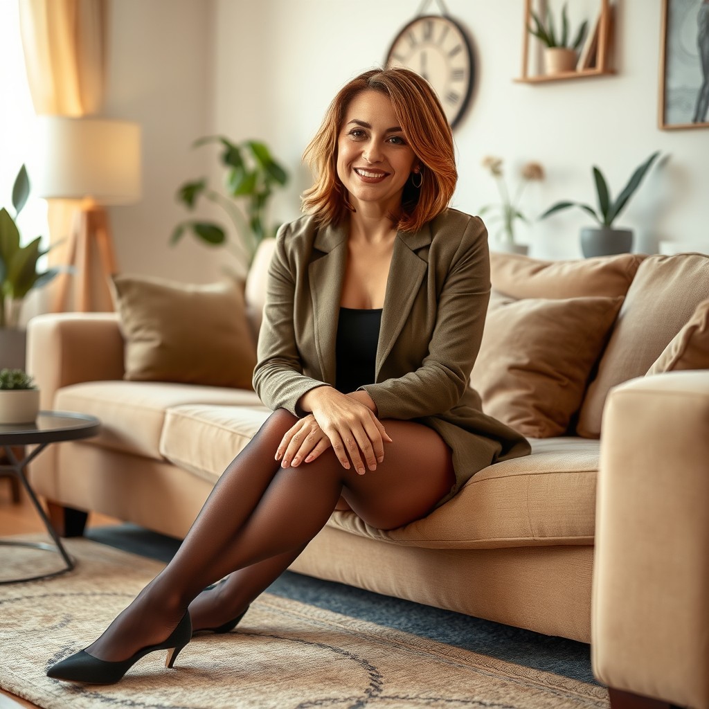 A classy mother figure wearing stylish pantyhose, seated gracefully in a well-decorated living room