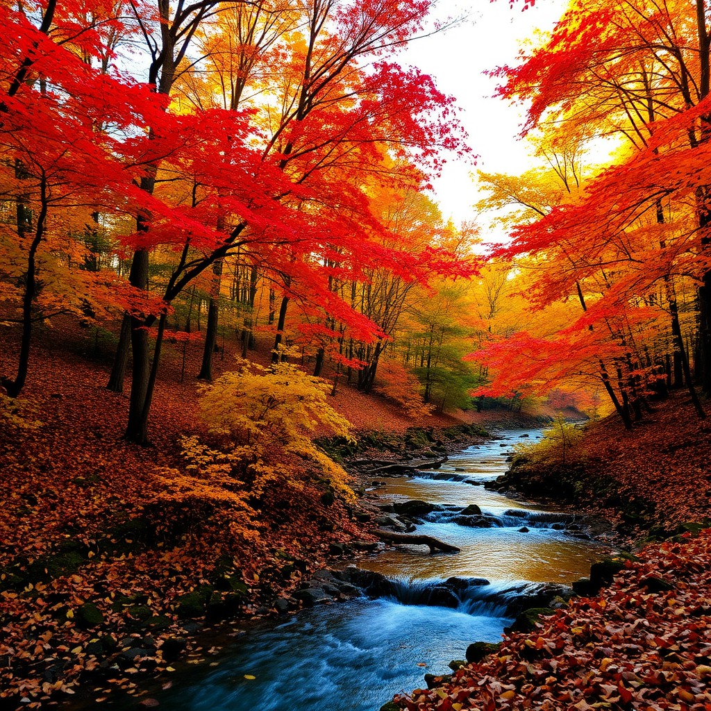 A picturesque autumn forest landscape, featuring a vibrant array of trees adorned with brilliant red, orange, and yellow leaves