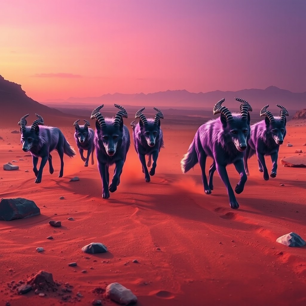 A surreal Martian landscape featuring a pack of majestic purple wolves with intricate, spiraled horns
