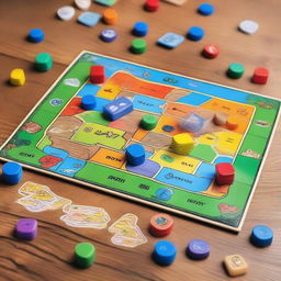 Generate an image of a colorful, engaging family board game with different pieces and tokens, placed on a wood table ready for play.