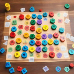 Generate an image of a colorful, engaging family board game with different pieces and tokens, placed on a wood table ready for play.