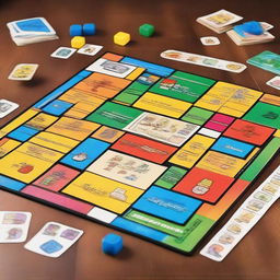 Generate an image of a colorful, engaging family board game with different pieces and tokens, placed on a wood table ready for play.