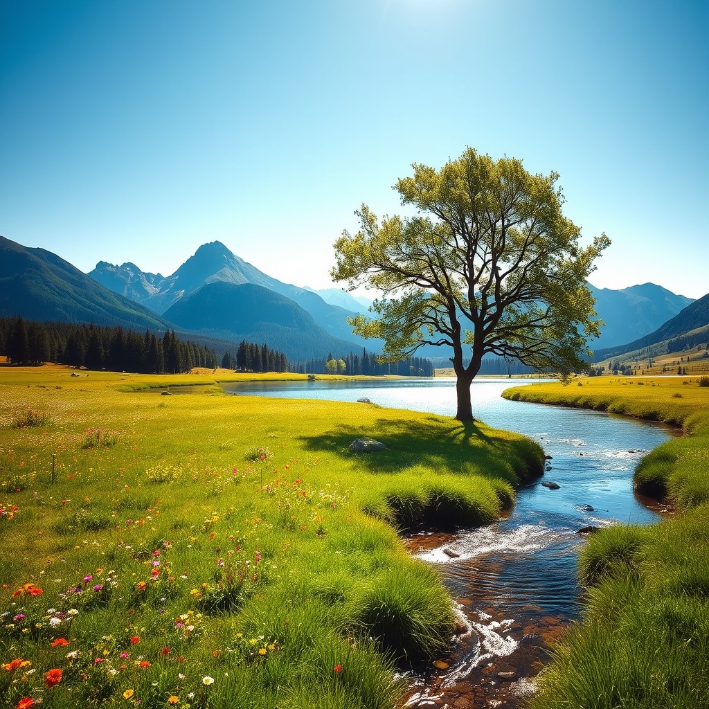 A serene landscape featuring a lush green meadow dotted with colorful wildflowers, set against a backdrop of majestic mountains under a clear blue sky