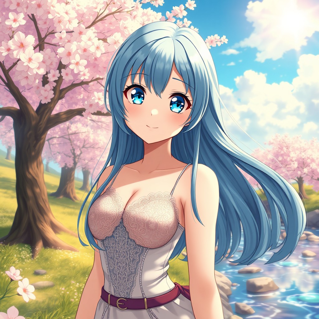 A captivating anime girl with long flowing blue hair, large expressive eyes filled with a sparkling light, and a playful smile