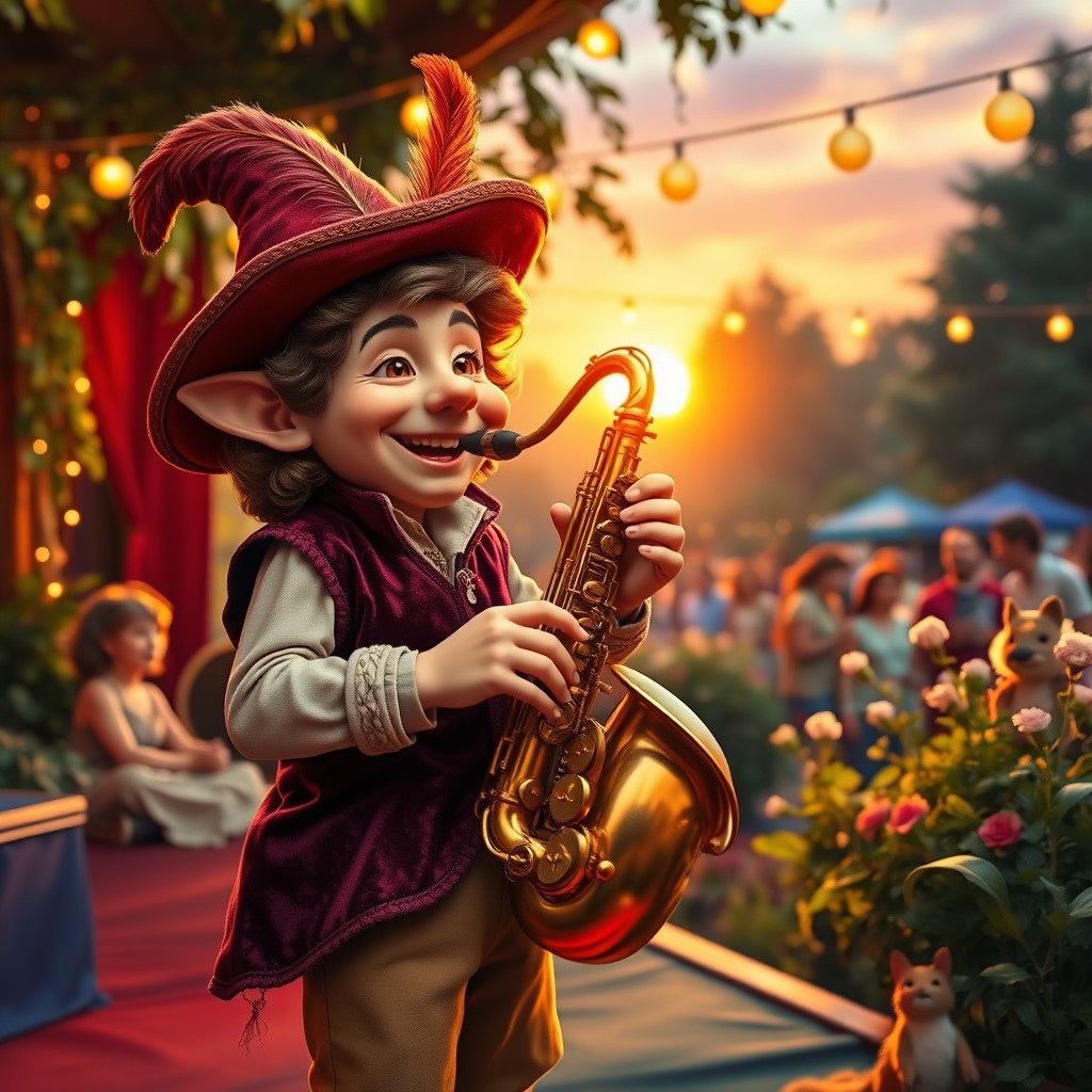 A cheerful halfling bard playing a shiny saxophone, wearing a colorful ensemble of a velvety vest and a wide-brimmed hat decorated with feathers