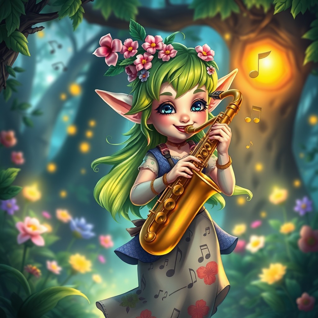 A beautiful female halfling bard playing a saxophone, with vibrant green hair adorned with flowers and wearing a colorful, flowing outfit that includes musical notes as patterns