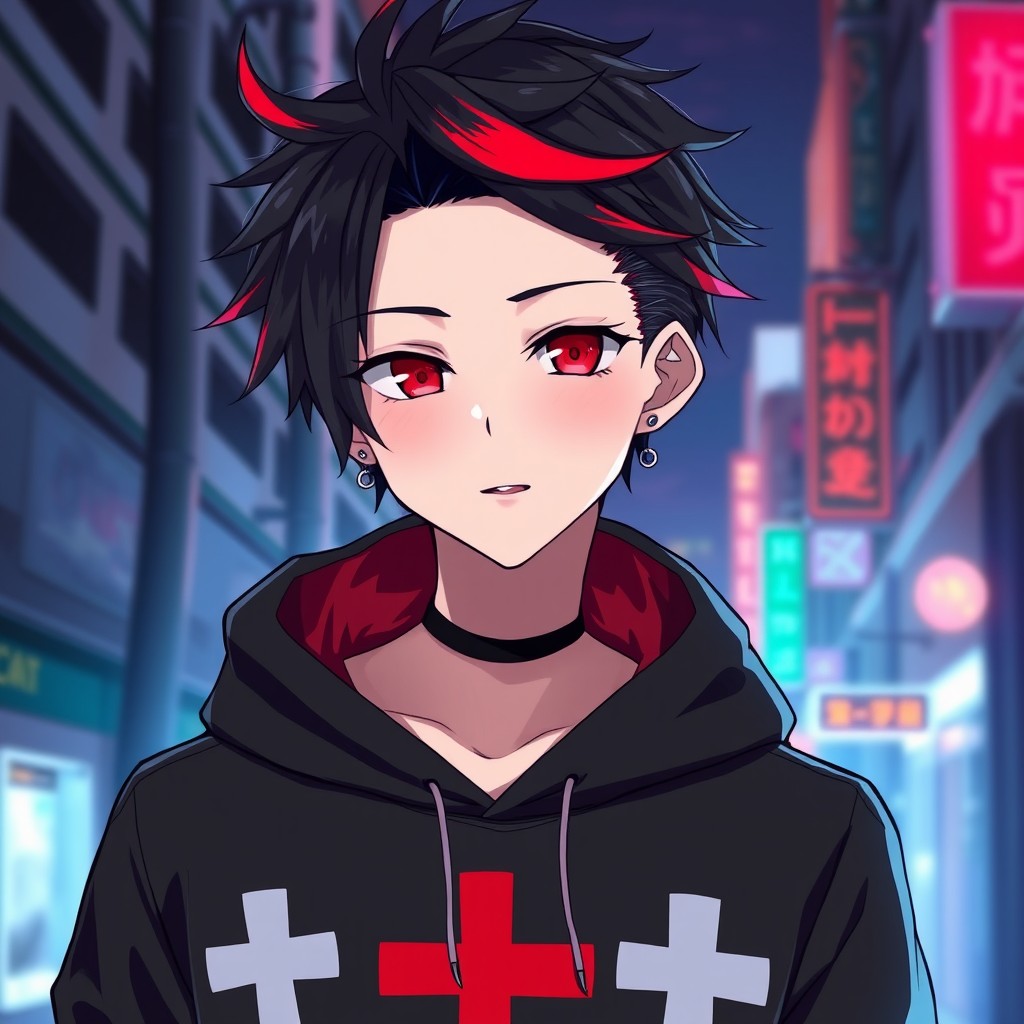 An attractive anime male character with striking black hair featuring vivid red tips and intense red eyes