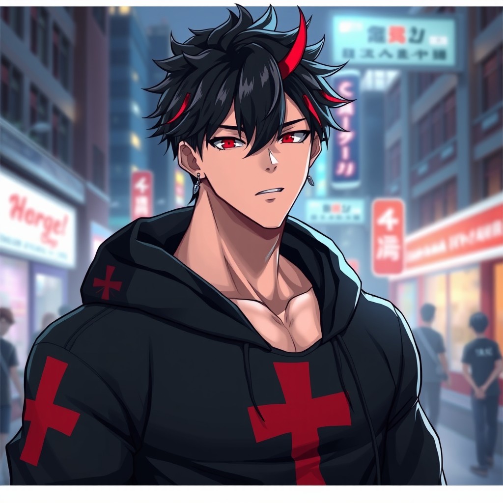 A muscular and attractive anime male character with striking black hair featuring vivid red tips and intense red eyes