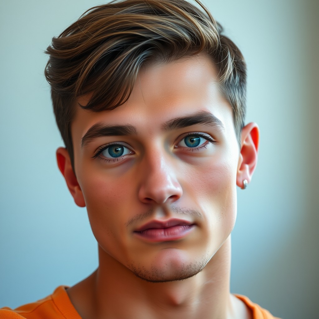 A handsome man with slightly wavy brown hair, large almond-shaped azure eyes with hints of green
