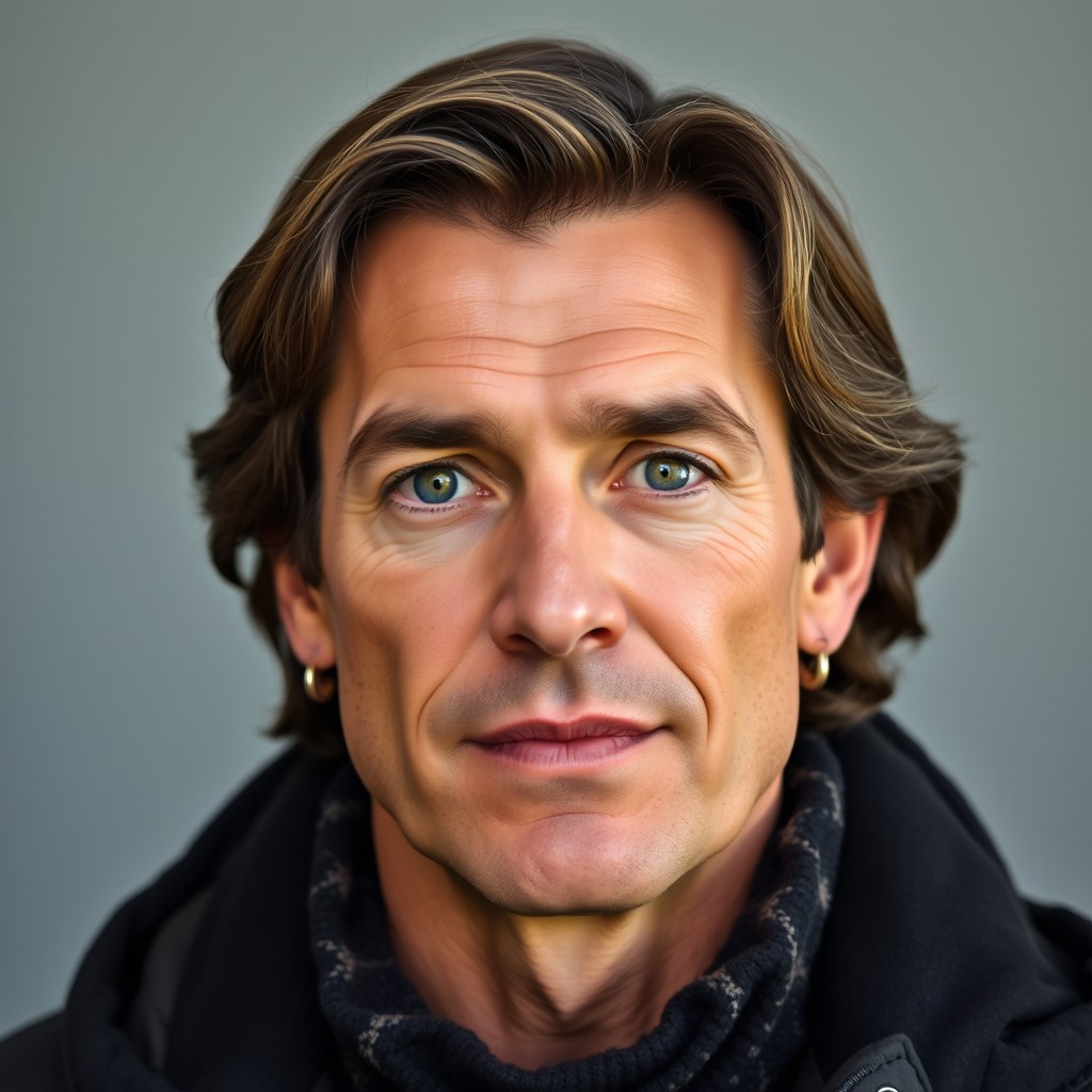 A handsome 47-year-old man with slightly wavy brown hair, large almond-shaped azure eyes with hints of green