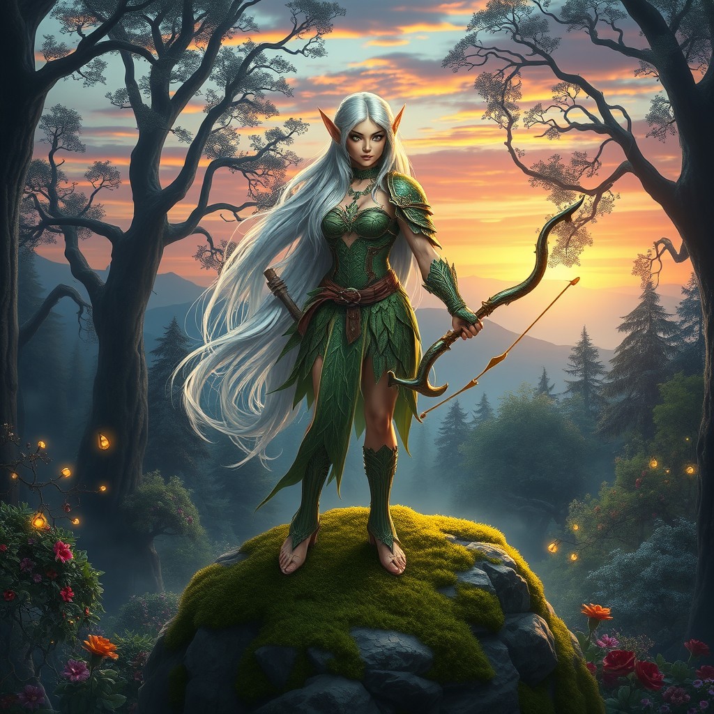 A majestic fantasy scene featuring a beautiful female elf with long, flowing silver hair and bright green eyes, adorned in intricate, shimmering armor made from leaves and vines