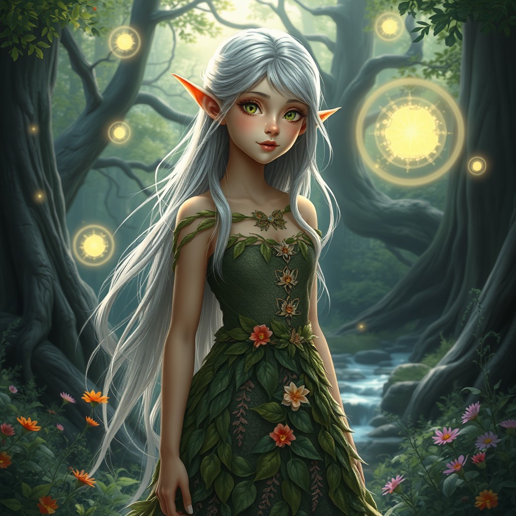 A captivating fantasy scene featuring a beautiful young female elf with long flowing silver hair, wearing an intricately designed dress made of leaves and flowers, standing in an enchanted forest