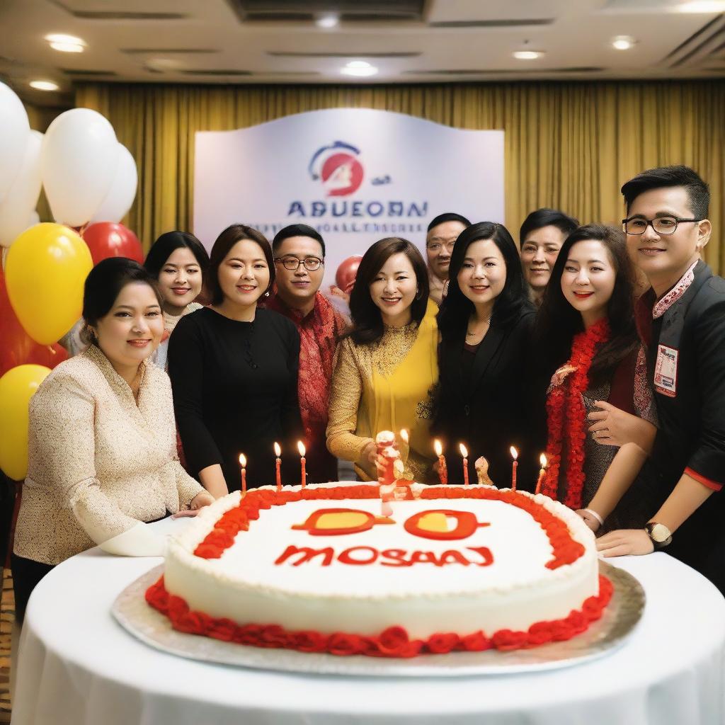A grand 10th anniversary celebration for Maju Jaya, featuring the company logo, a cake with ten candles, and cheerful attendees in a festively decorated corporate setting