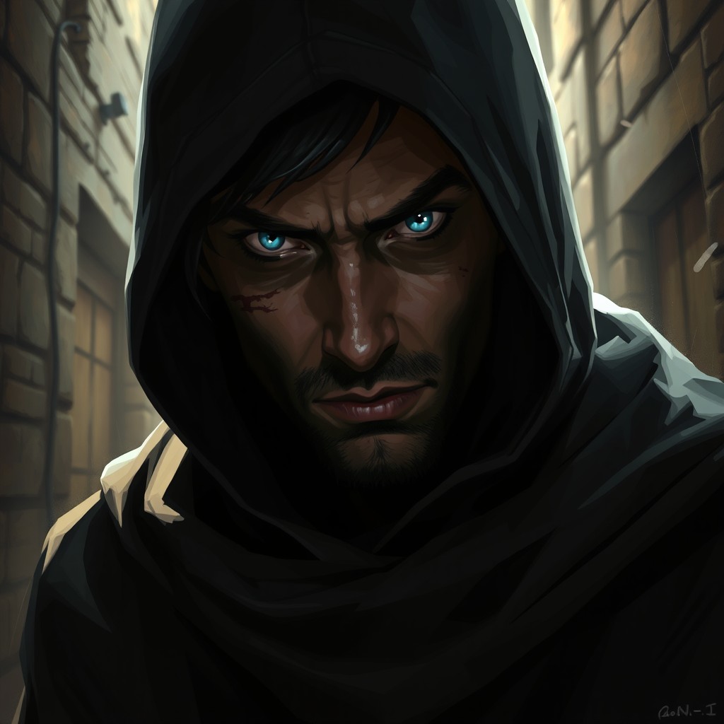 A mysterious human rogue with striking light blue eyes, wearing a dark hooded cloak that partially obscures his face