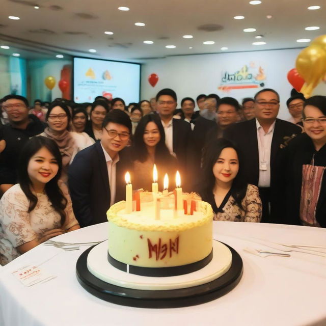 A grand 10th anniversary celebration for Maju Jaya, featuring the company logo, a cake with ten candles, and cheerful attendees in a festively decorated corporate setting