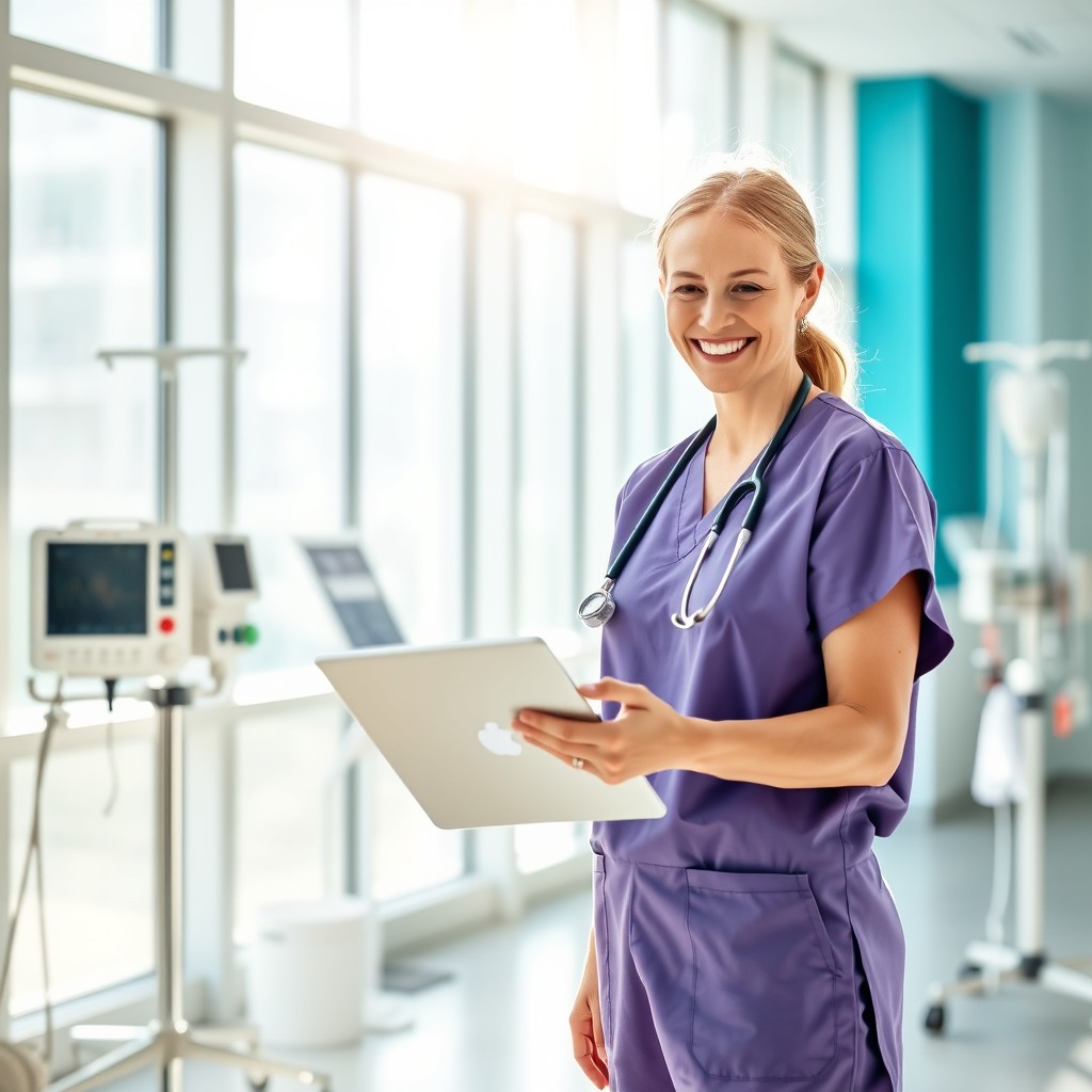 A caring nurse in a bright, modern hospital setting, wearing scrubs and holding a stethoscope