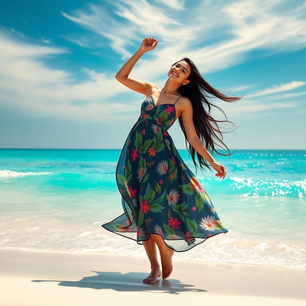 An elegant Asian woman dancing joyfully on a sunlit beach, her long black hair flowing freely in the gentle ocean breeze