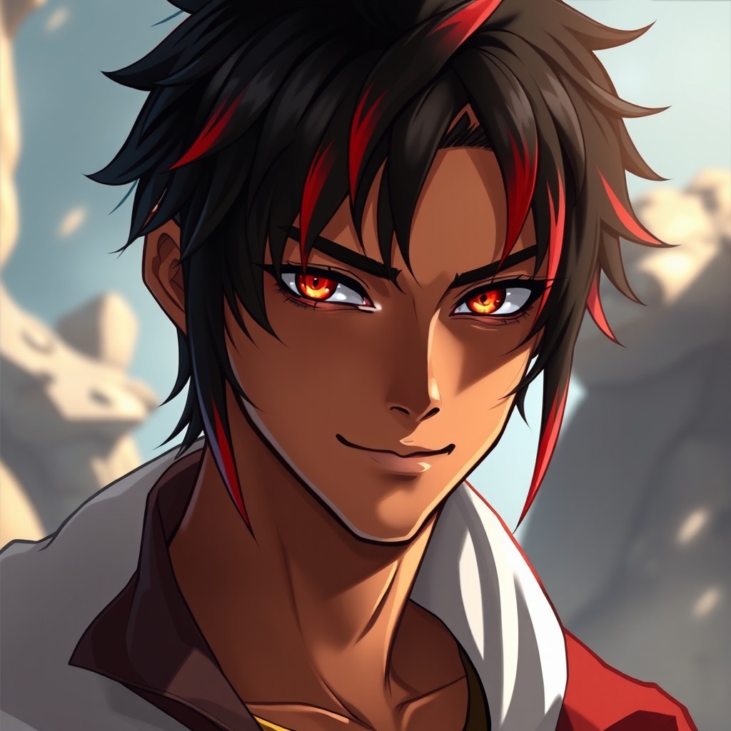 A male character, 35 years old, with ember-orange eyes featuring slit pupils, giving an intriguing and mysterious look