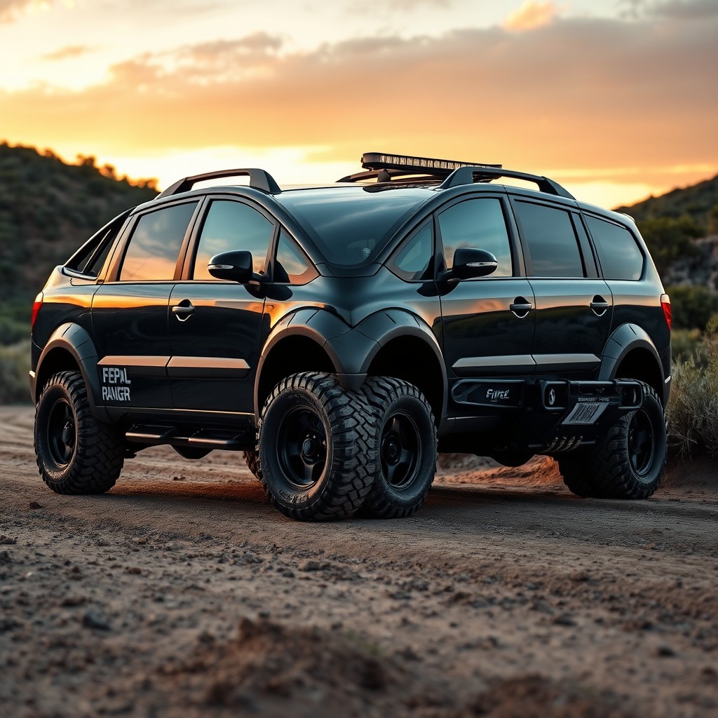 A fierce and rugged Opel Zafira A 2000, modified with a high-rise hood, resembling the bold design of a Ford Ranger