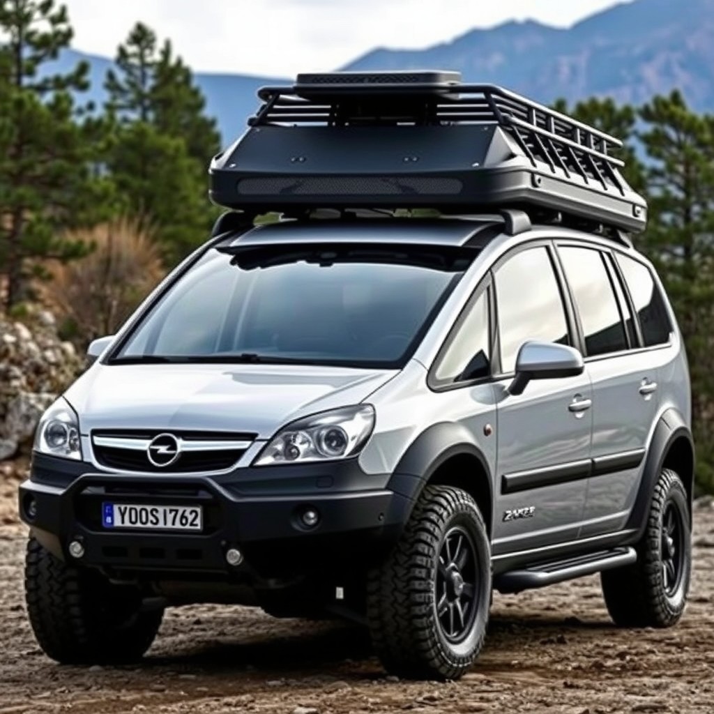 A powerful and rugged Opel Zafira A 2000, showcasing a modified and elevated hood similar to a Ford Ranger, emphasizing its aggressive off-road appearance