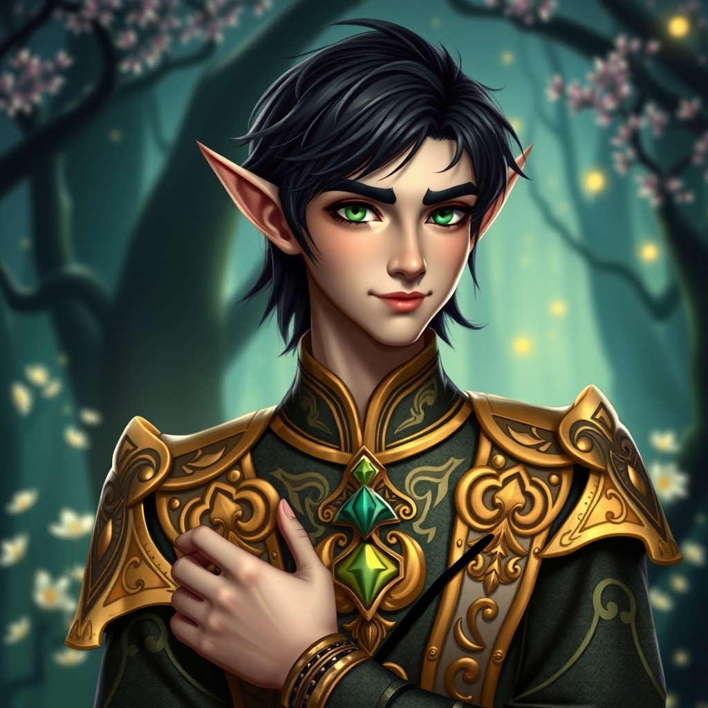 A very handsome elf prince with stunning black hair, wearing an ornate royal outfit adorned with intricate designs